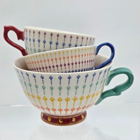 Anthropologie Tea Time Ceramic Nesting Measuring Cups Rainbow Gold Accents Set o - Picture 1 of 12